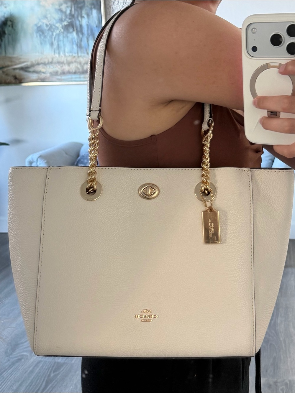 Coach White Pebble Leather Tote with Gold Chain Handles - Picture 11 of 11